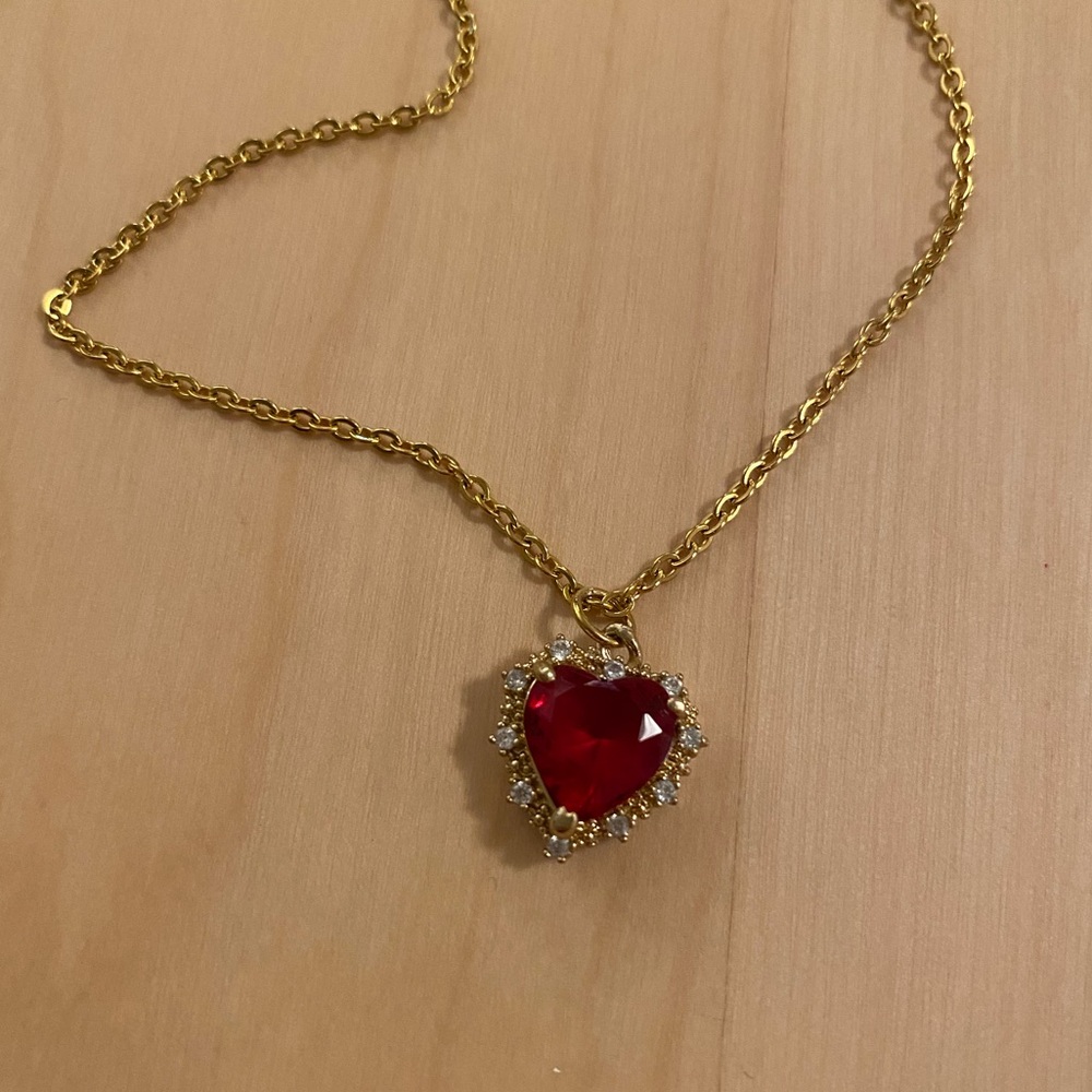 Gold Heart Pendant Necklace with Red Gemstone 👑